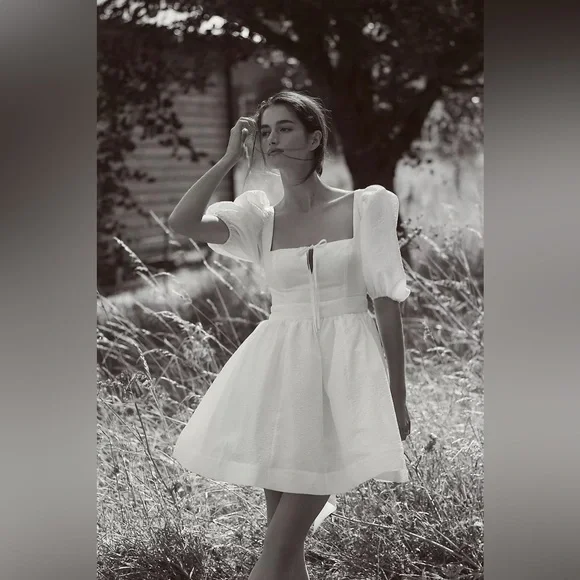 BHLDN Chloe Puff-Sleeve Square-Neck Jacquard Mini Dress - Picture 1 of 3